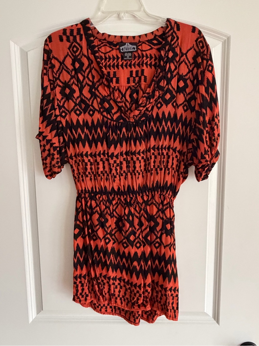Angie Orange and Black Aztec-Print Tunic Top